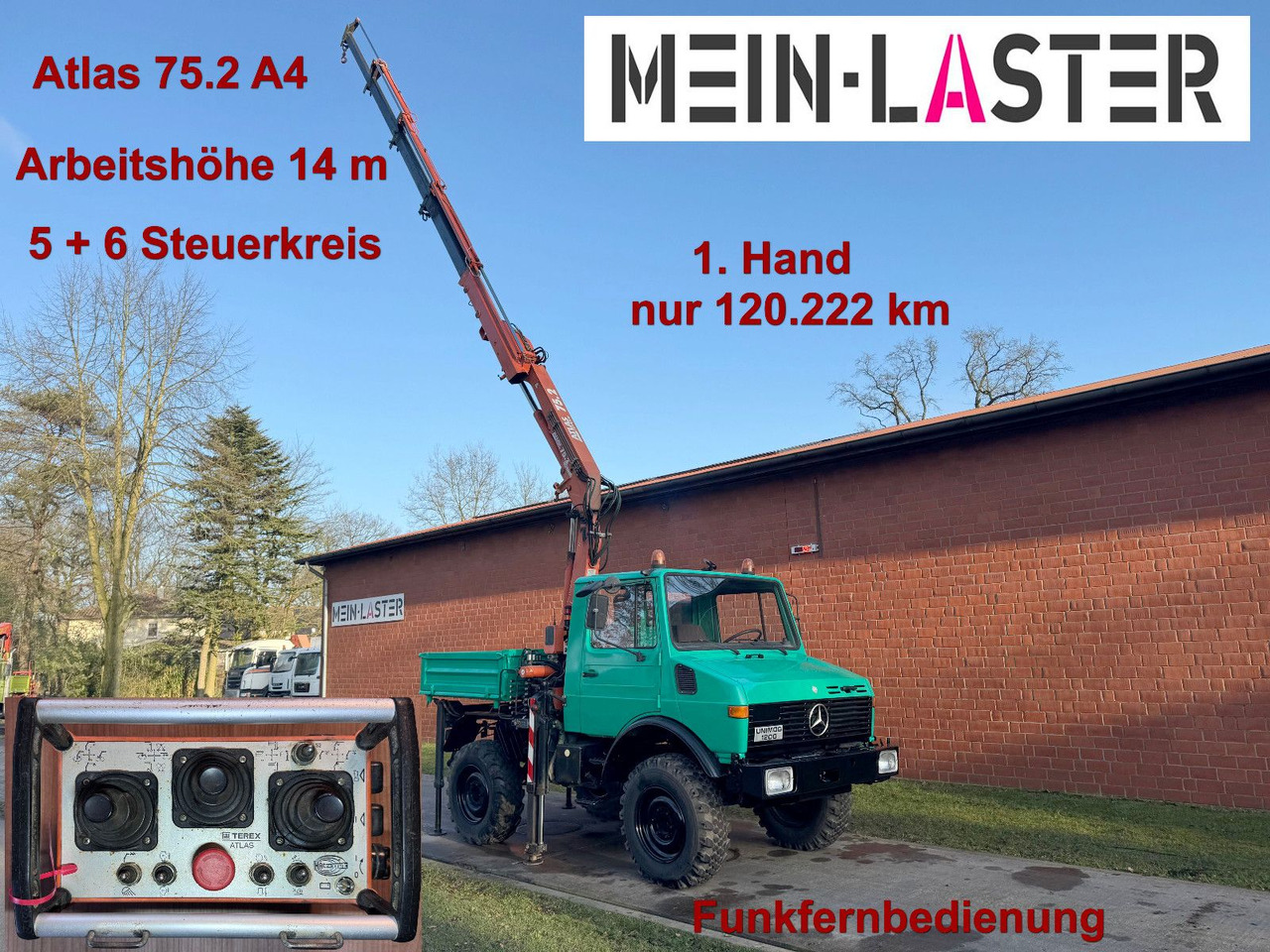 Unimog U 1200 Atlas 75.2 Kran 14 m Funk FB *1. Hand - Camion grue: photos 1 Unimog U 1200 Atlas 75.2 Kran 14 m Funk FB *1. Hand - Camion grue: photos 1