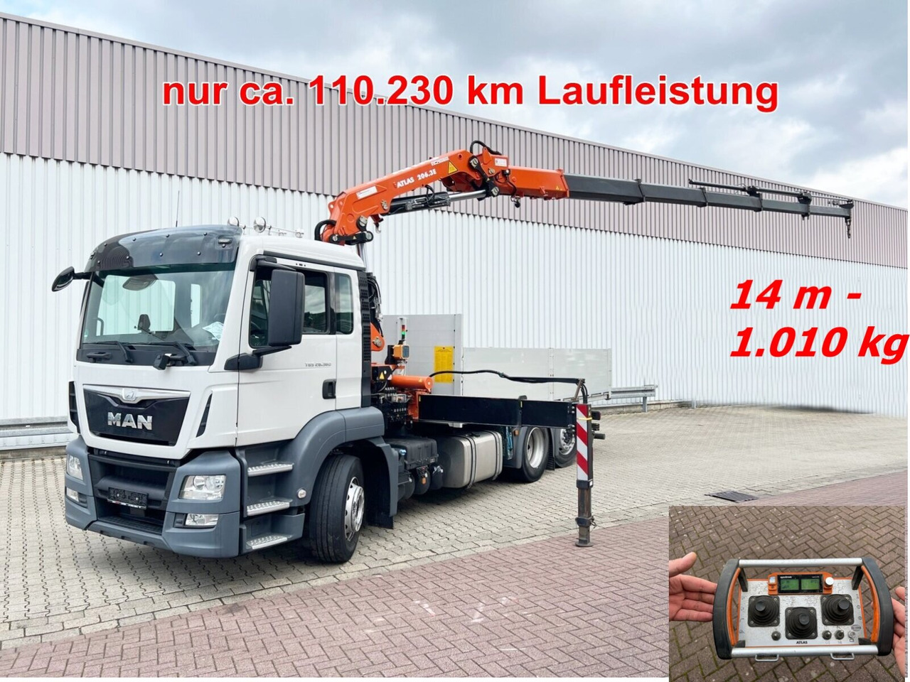 MAN TGS 26.360/400 6x2-4 BL TGS 26.360/400 6x2-4 BL, Lenk-/Lift, Kran Atlas AK 206.3E A5, Funk - Camion grue, Camion plateau: photos 1 MAN TGS 26.360/400 6x2-4 BL TGS 26.360/400 6x2-4 BL, Lenk-/Lift, Kran Atlas AK 206.3E A5, Funk - Camion grue, Camion plateau: photos 1
