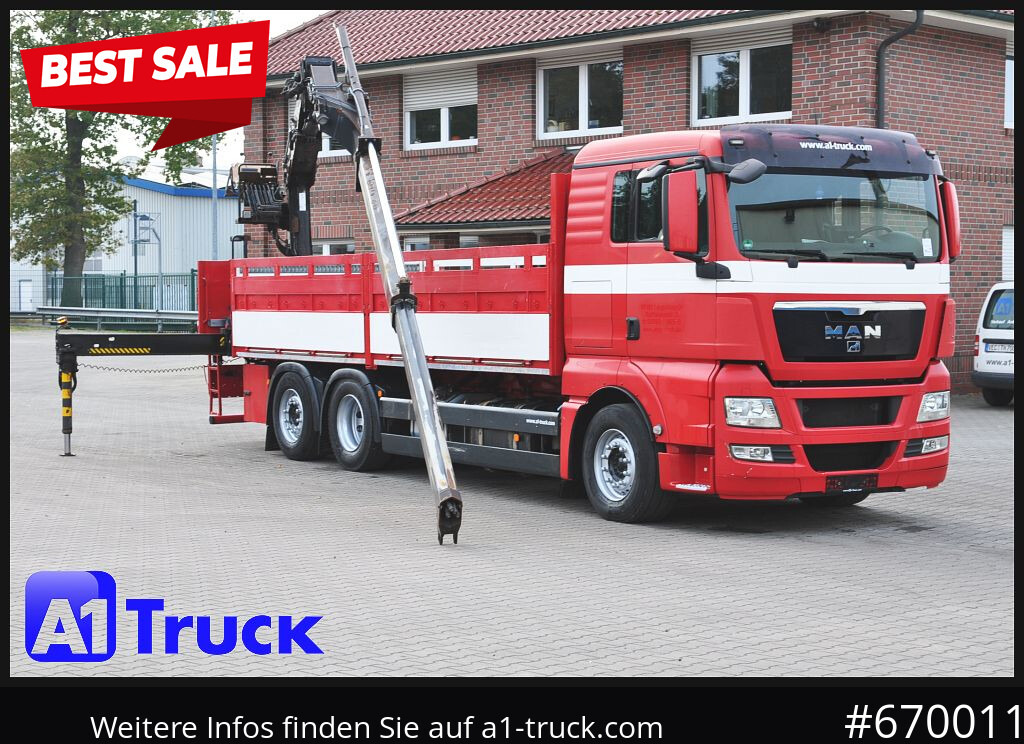MAN TGX 26.400, Hiab Kran, Lenk-Liftachse, - Camion plateau, Camion grue: photos 1 MAN TGX 26.400, Hiab Kran, Lenk-Liftachse, - Camion plateau, Camion grue: photos 1