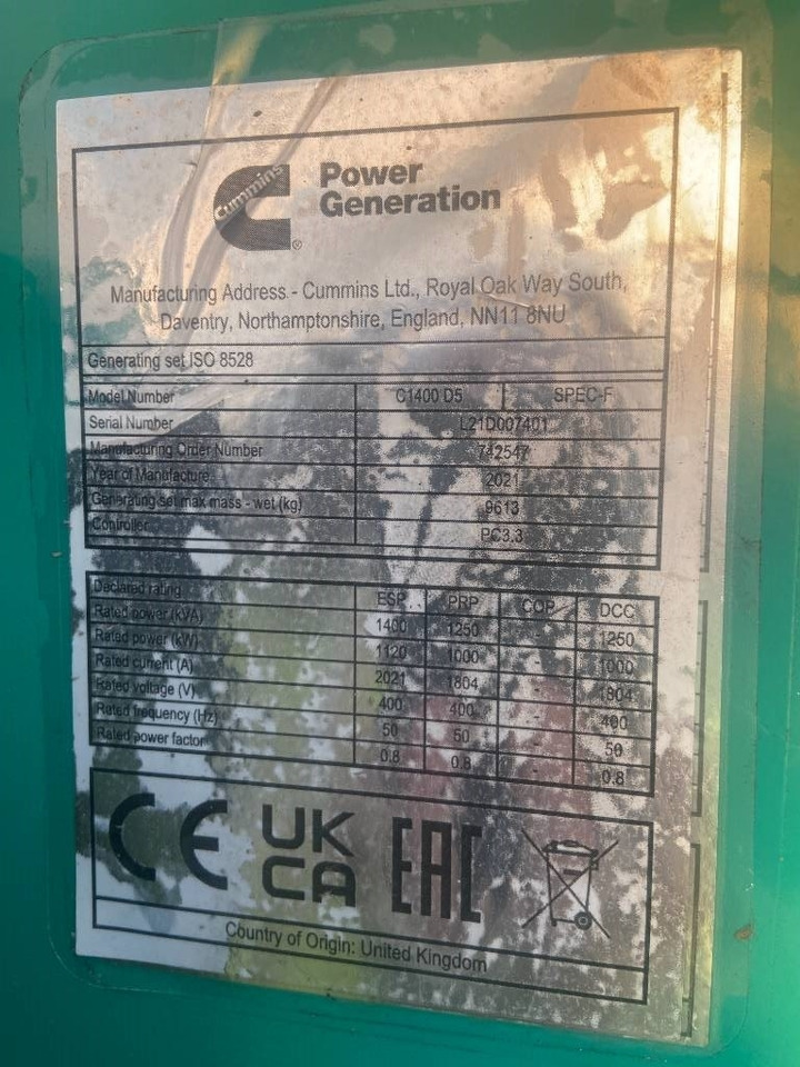Cummins C1400D5 - 1.400 kVA Generator - DPX-18532-O - Groupe électrogène: photos 3 Cummins C1400D5 - 1.400 kVA Generator - DPX-18532-O - Groupe électrogène: photos 3