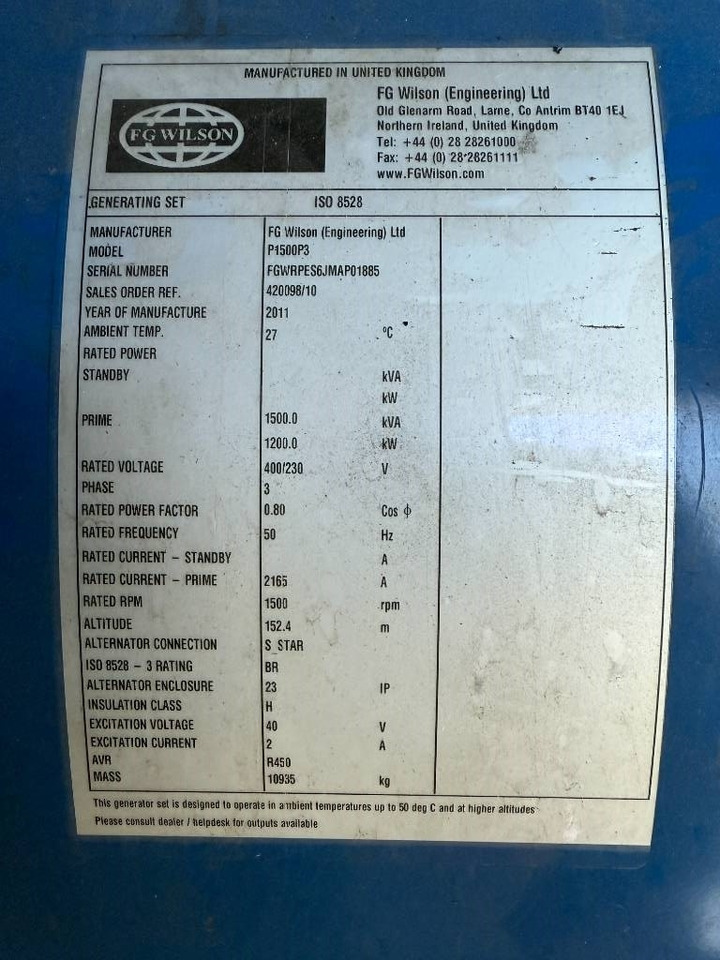 FG Wilson P1500P3 - 1.650 kVA Generator - DPX-12628 - Groupe électrogène: photos 5 FG Wilson P1500P3 - 1.650 kVA Generator - DPX-12628 - Groupe électrogène: photos 5