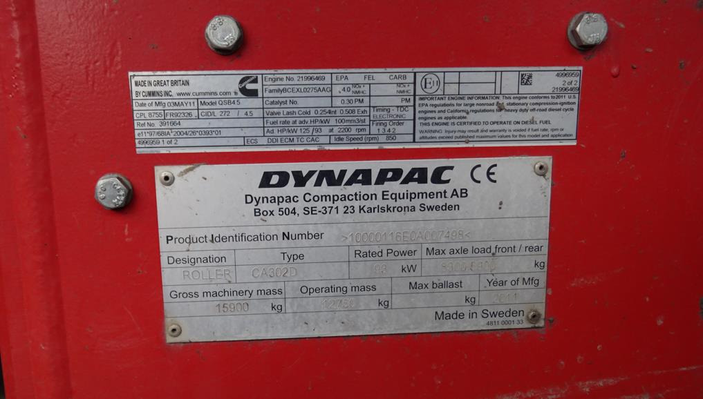 Walec DYNAPAC CA 302D 2011 - 3393 mth - CE - 15,9t - Compacteur: photos 5 Walec DYNAPAC CA 302D 2011 - 3393 mth - CE - 15,9t - Compacteur: photos 5