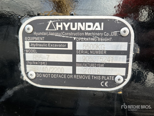 2008 Hyundai R55-7 Mini Excavator: <6.6t - Mini pelle: photos 2 2008 Hyundai R55-7 Mini Excavator: <6.6t - Mini pelle: photos 2