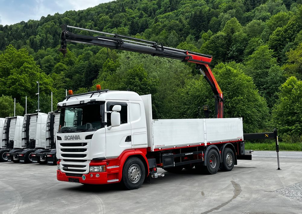 Scania G450 // 6x2// Skrzynia 6.40x2.49 // HDS Palfinger // Oś skrętna podnoszona // - Camion plateau, Camion grue: photos 1 Scania G450 // 6x2// Skrzynia 6.40x2.49 // HDS Palfinger // Oś skrętna podnoszona // - Camion plateau, Camion grue: photos 1