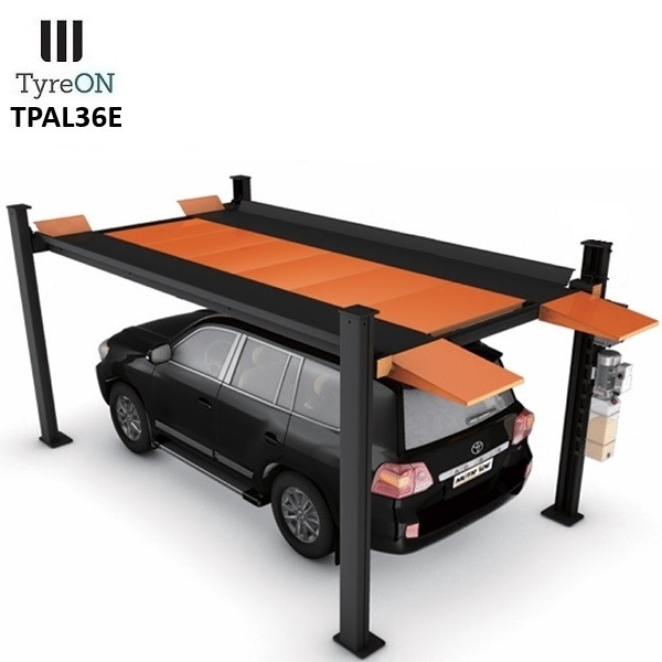 TPAL36E 4 post parking lift- 3.6T - Height 222 cm - 480 cm runways - Electric release - For indoor and outdoor use - 230V - Park 2 vehicles on top of each - Équipement de garage: photos 1 TPAL36E 4 post parking lift- 3.6T - Height 222 cm - 480 cm runways - Electric release - For indoor and outdoor use - 230V - Park 2 vehicles on top of each - Équipement de garage: photos 1