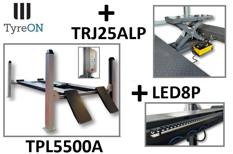 TPL5500A 4 post alignment lift 5T - Runways 4.8 meters - Rolling jack 2.5T - LED lighting and obstacle protection - Équipement de garage: photos 1 TPL5500A 4 post alignment lift 5T - Runways 4.8 meters - Rolling jack 2.5T - LED lighting and obstacle protection - Équipement de garage: photos 1