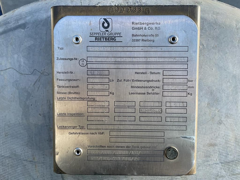 Dieseltank Rietberg 1000 liter Dieseltank Gegalvaniseerd IBC met keuring ! - Cuve de stockage: photos 3 Dieseltank Rietberg 1000 liter Dieseltank Gegalvaniseerd IBC met keuring ! - Cuve de stockage: photos 3